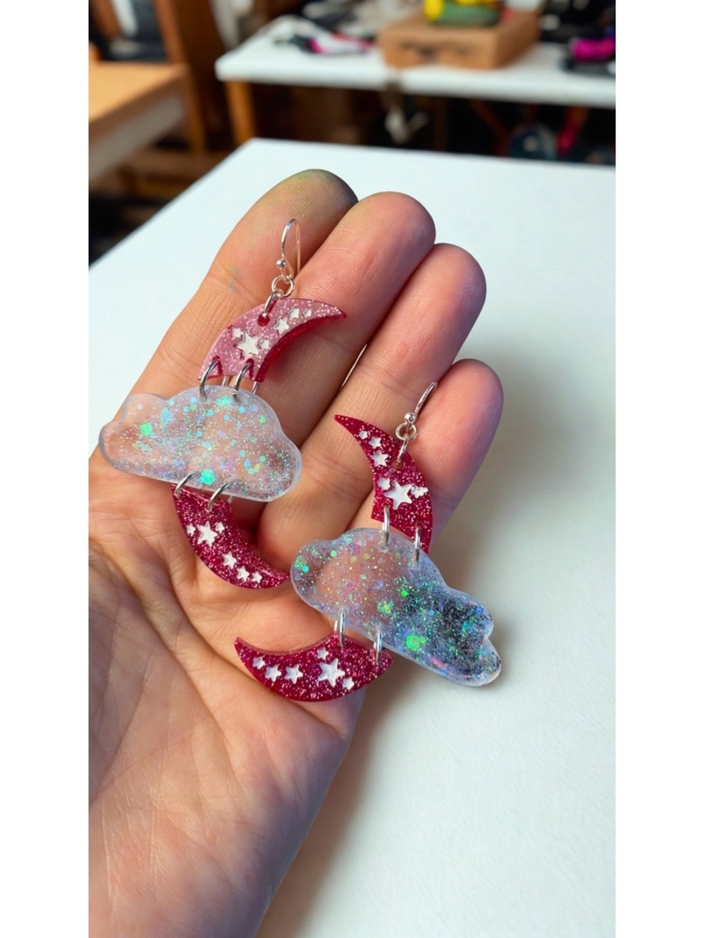 Stjärndis | Celestial Moon & Cloud Glitter Polymer Clay Dangle Earrings